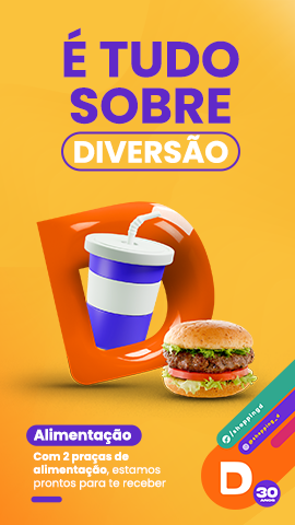 É tudo sobre diversão, uma imagem de um de um refrigerante com canudinho e um hambúrguer dentro da letra D representando o Shopping D - Shopping D