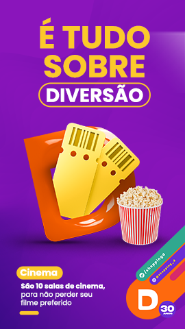 É tudo sobre Diversão, ingressos para o Cinema entre a letra D representando o Shopping D e um balde de pipoca ao lado - Shopping D