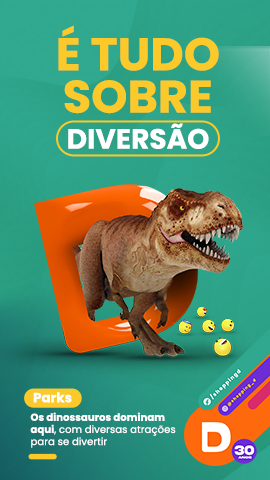 É tudo sobre diversão, uma imagem de um de um Tiranossauro Rex dentro da letra D representando o Shopping D - Shopping D