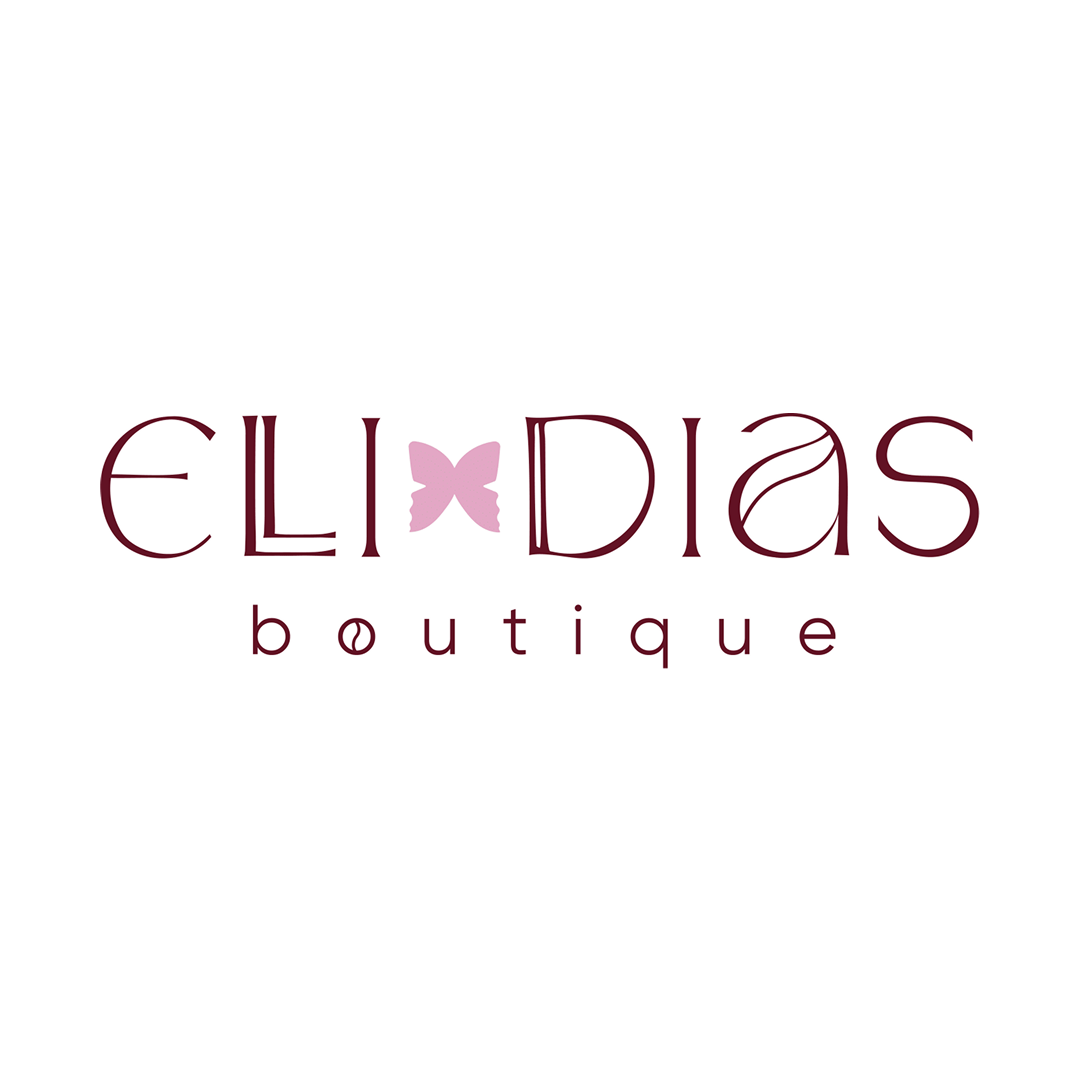 Logo da loja Elli Dias Boutique com tipografia elegante em vinho e ícone de borboleta rosa no centro.