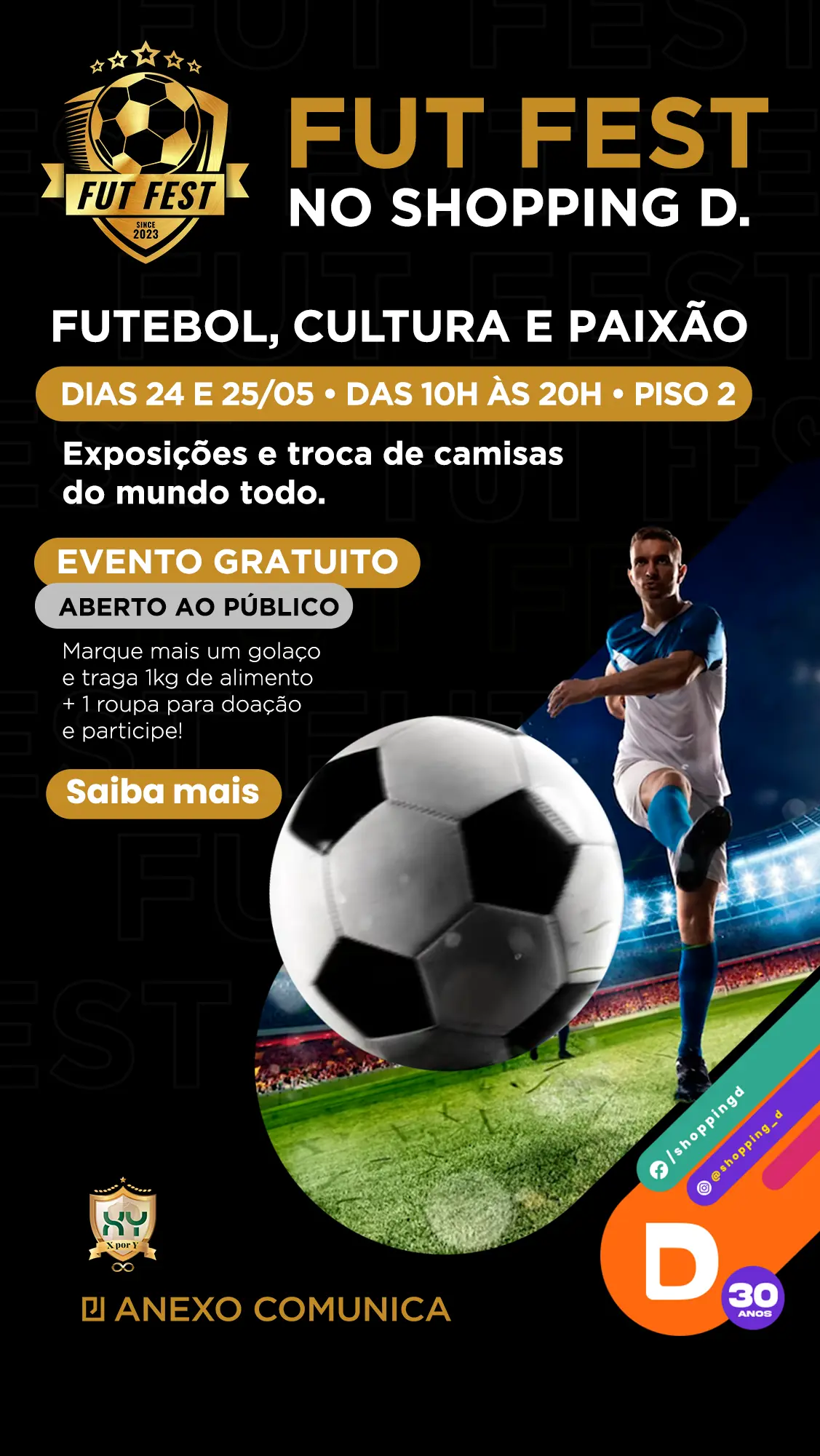 Banner do Fut Fest no Shopping D com informações sobre data, horário, entrada gratuita, troca de camisas e campanha de doação. - Shopping D