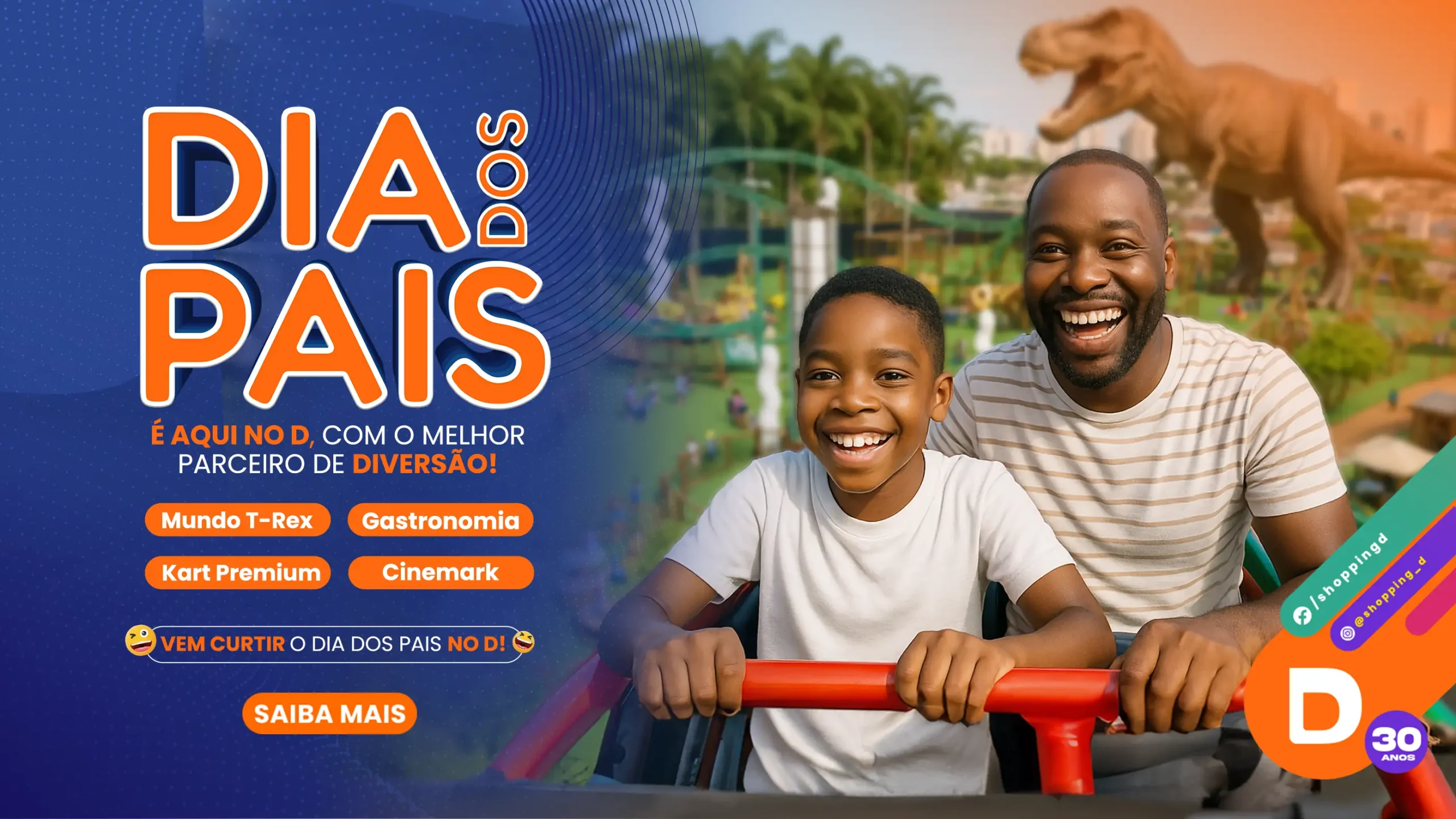 Pai e filho se divertem com hambúrgueres no Shopping D durante o Dia dos Pais. - Shopping D