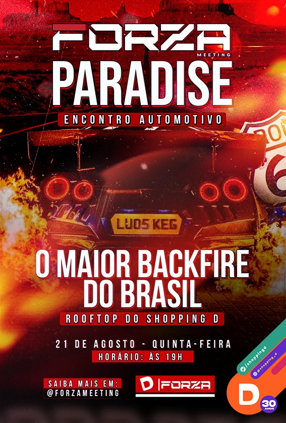Carro esportivo em chamas no Forza Meeting Paradise, encontro automotivo com o maior backfire do Brasil.