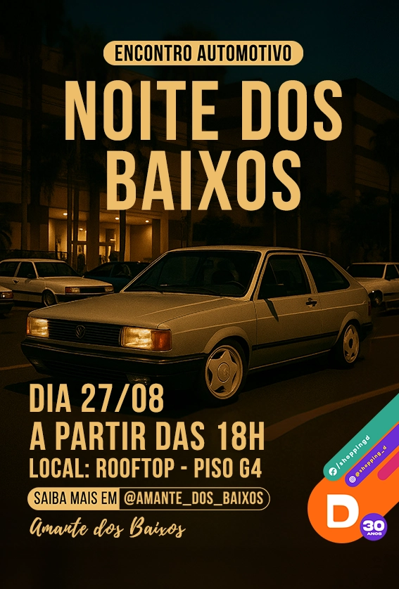 Carro Volkswagen rebaixado no evento Noite dos Baixos em encontro automotivo no rooftop.
