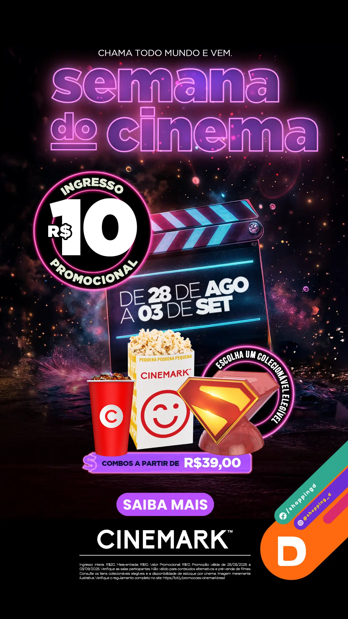 Banner da Semana do Cinema no Shopping D com ingressos promocionais Cinemark de R$10, combos a partir de R$39, válido de 28 de agosto a 3 de setembro. - Shopping D