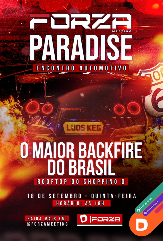 Carro esportivo soltando fogo pelo escapamento em banner do Forza Paradise, encontro automotivo no rooftop do Shopping D, marcado para 18 de setembro às 19h.
