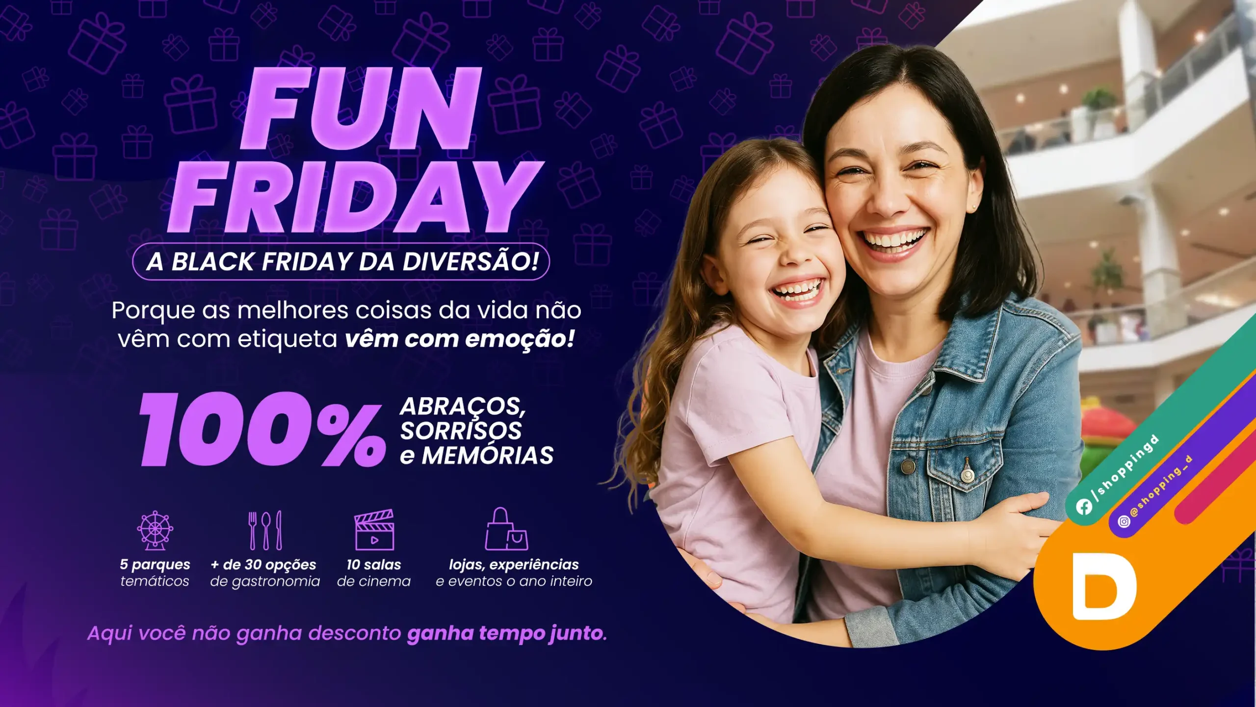 Banner da Fun Friday do Shopping D com mãe e filha sorrindo, destacando atrações como parques, gastronomia e cinema. - Shopping D