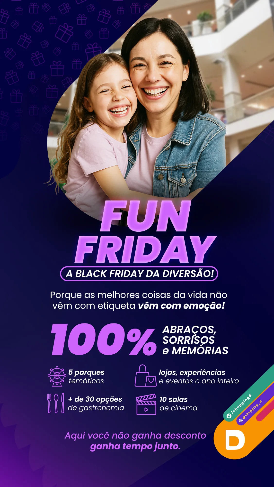 Banner da Fun Friday do Shopping D com mãe e filha sorrindo, destacando atrações como parques, gastronomia e cinema. - Shopping D