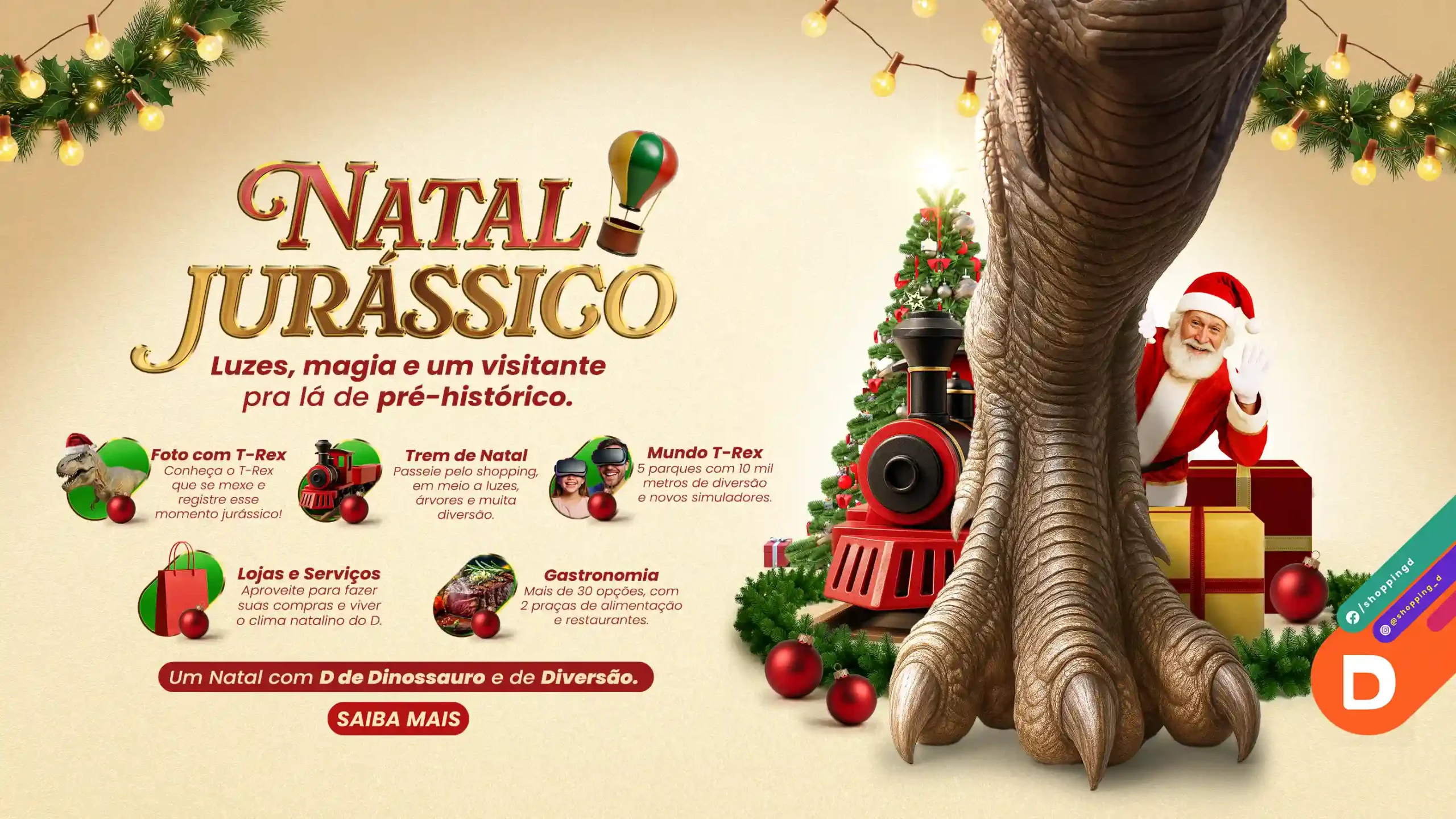 Banner do Natal Jurássico do Shopping D com T-Rex, Papai Noel e atrações natalinas. - Shopping D