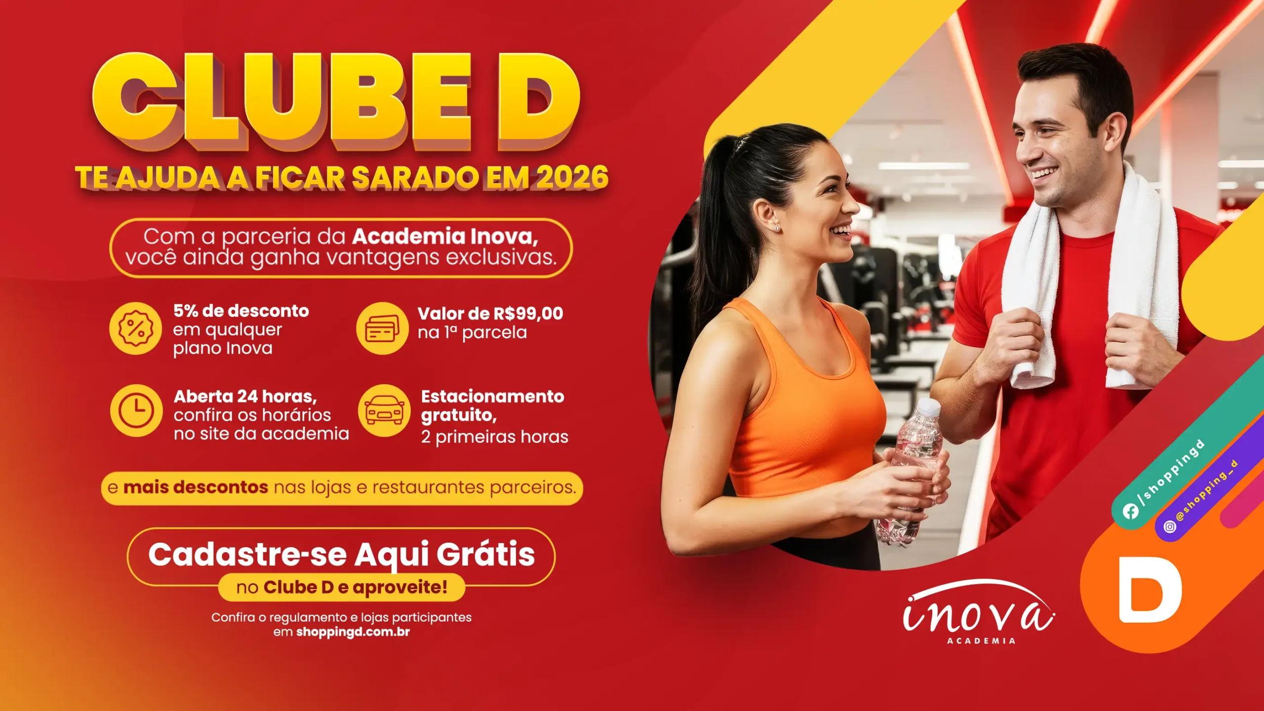 Banner do Clube D com benefícios da parceria com a Academia Inova, mostrando duas pessoas conversando na academia. - Shopping D