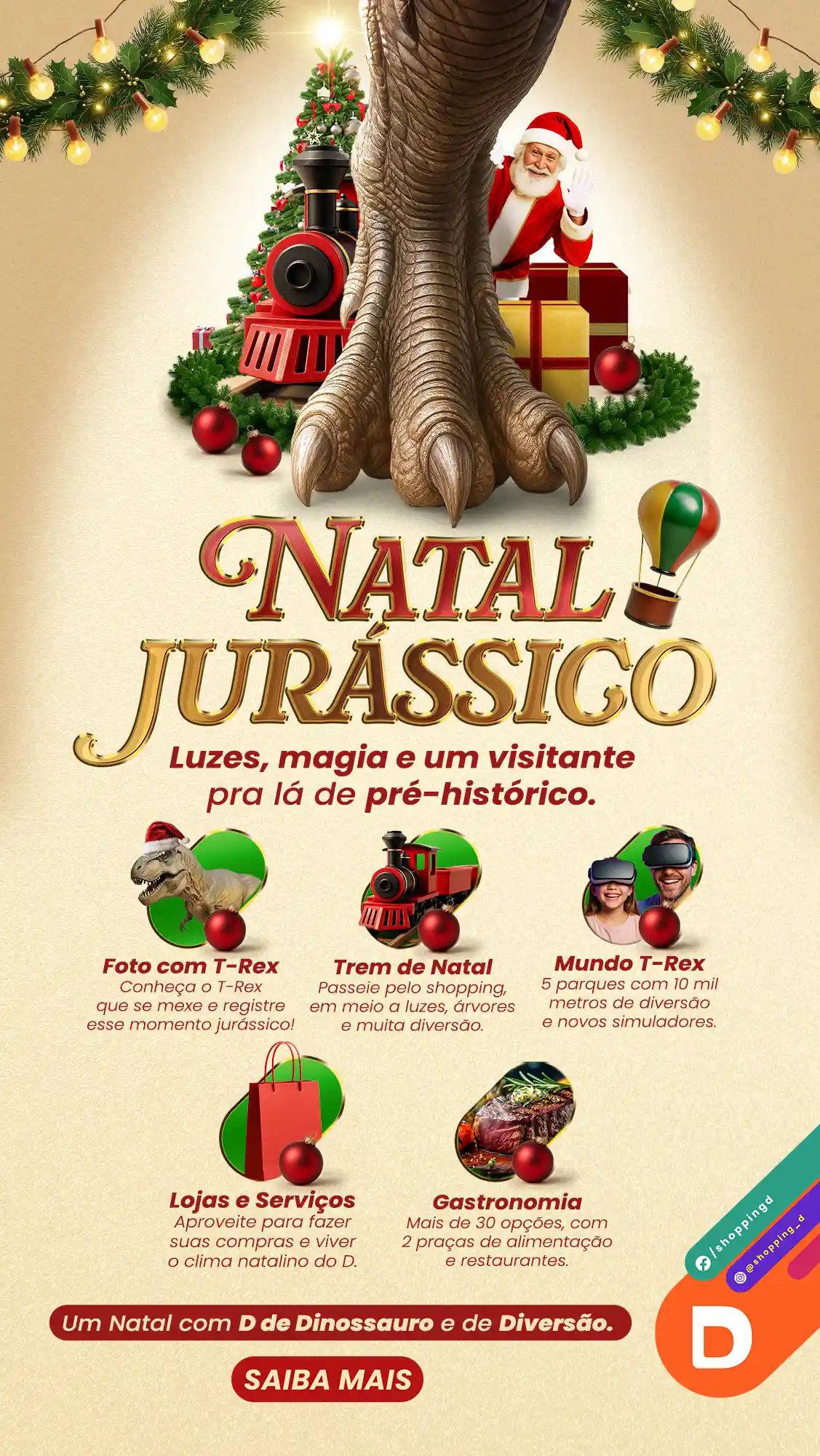 Banner do Natal Jurássico do Shopping D com T-Rex, Papai Noel e atrações natalinas. - Shopping D