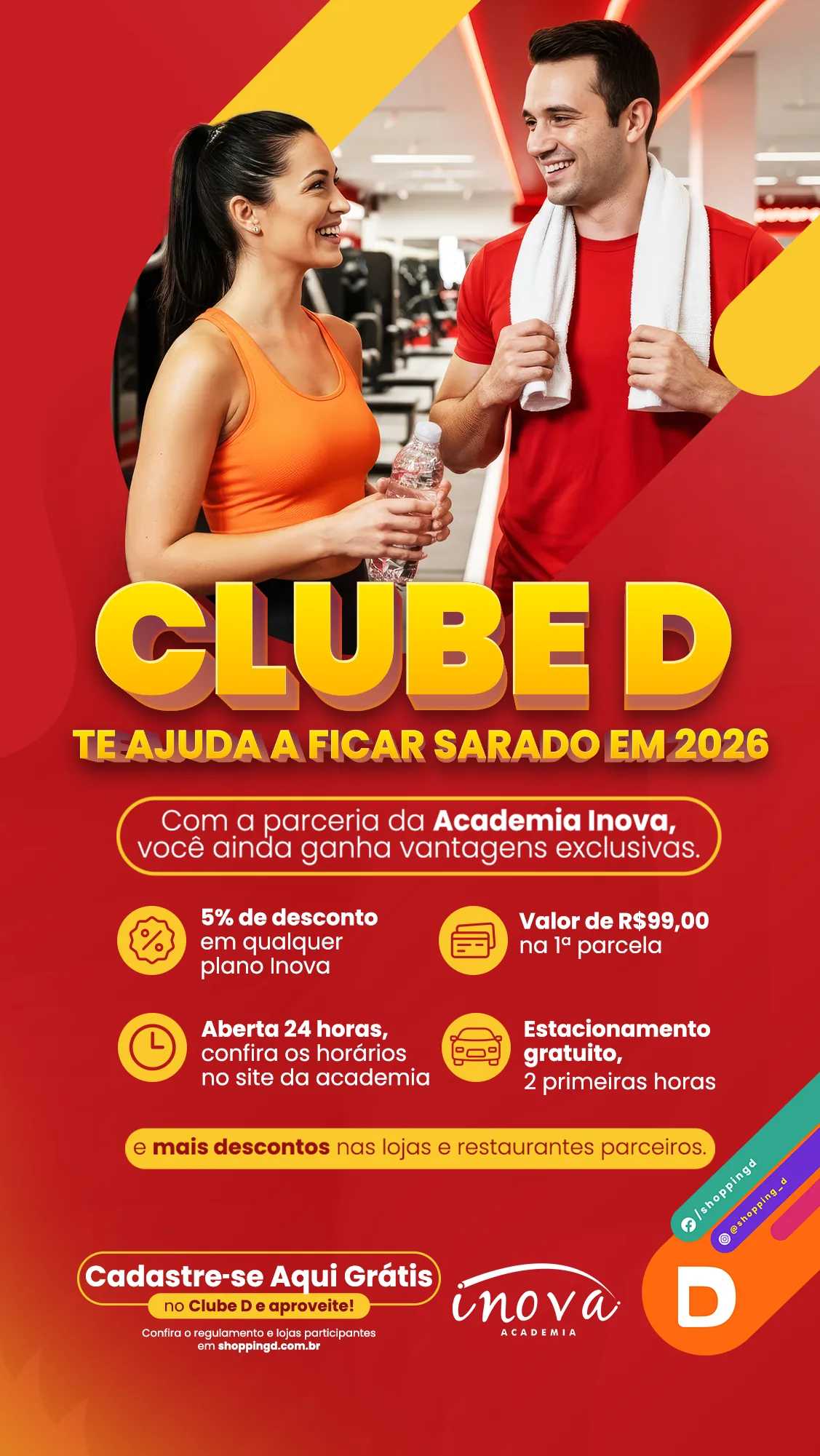 Banner do Clube D com benefícios da parceria com a Academia Inova, mostrando duas pessoas conversando na academia. - Shopping D