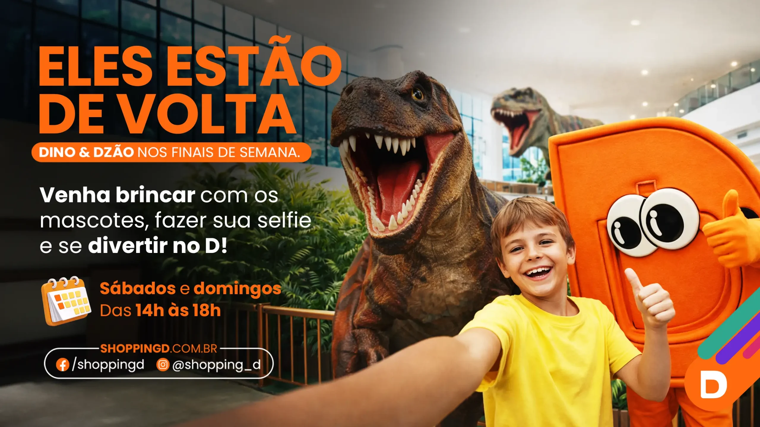 Criança tirando selfie com os mascotes Dino e Dzão no Shopping D durante ação de fim de semana. - Shopping D
