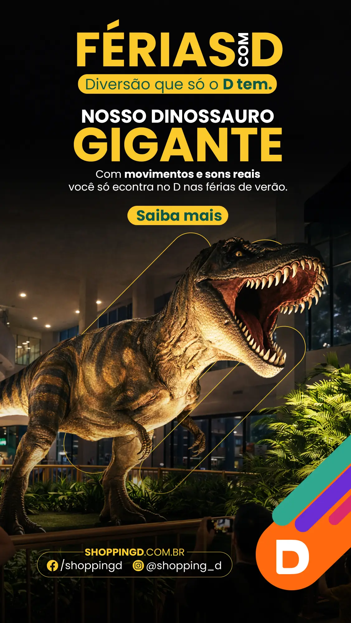 Dinossauro T-Rex gigante e realista com boca aberta em exposição no Shopping D para o evento Férias com D. - Shopping D