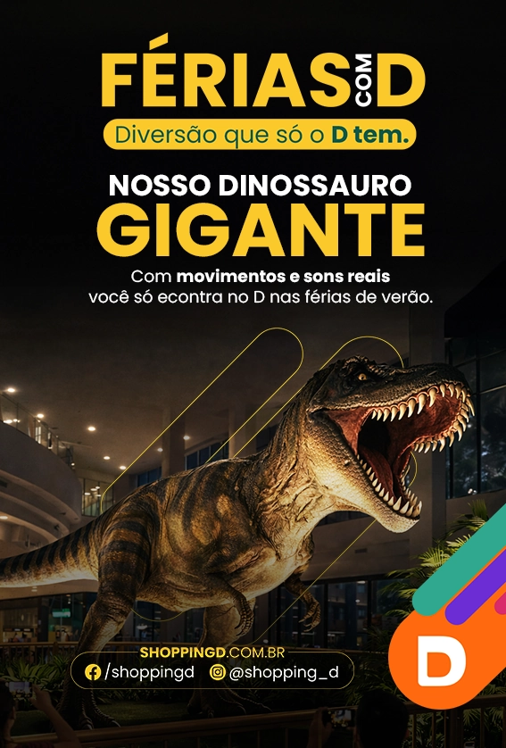 Dinossauro T-Rex gigante e realista com boca aberta em exposição no Shopping D para o evento Férias com D.