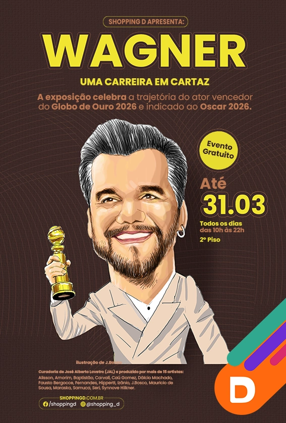Ilustração do ator Wagner Moura com troféu do Globo de Ouro na divulgação da exposição no Shopping D.