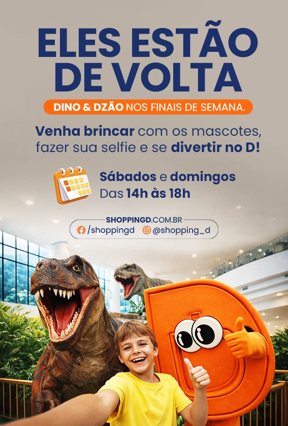 Criança tirando selfie com os mascotes Dino e Dzão no Shopping D durante ação de fim de semana.