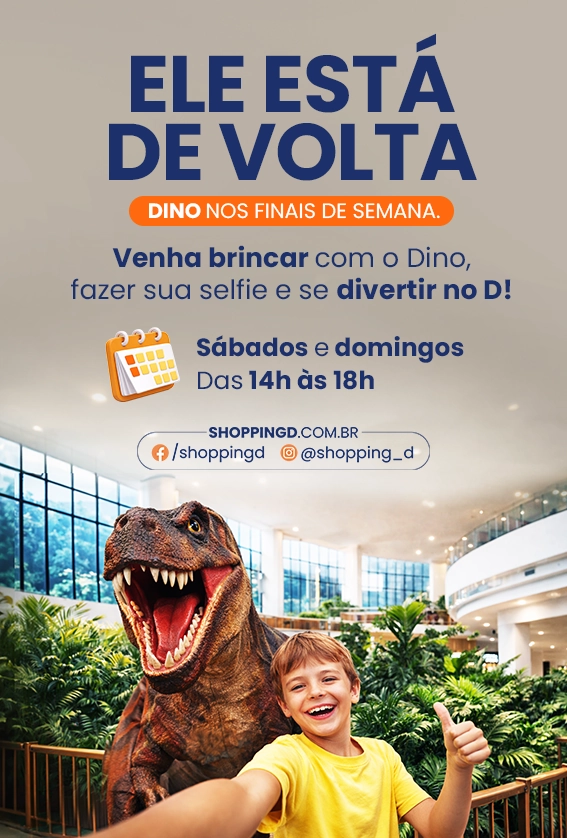 Criança tirando selfie com o Dino no Shopping D durante ação de fim de semana.
