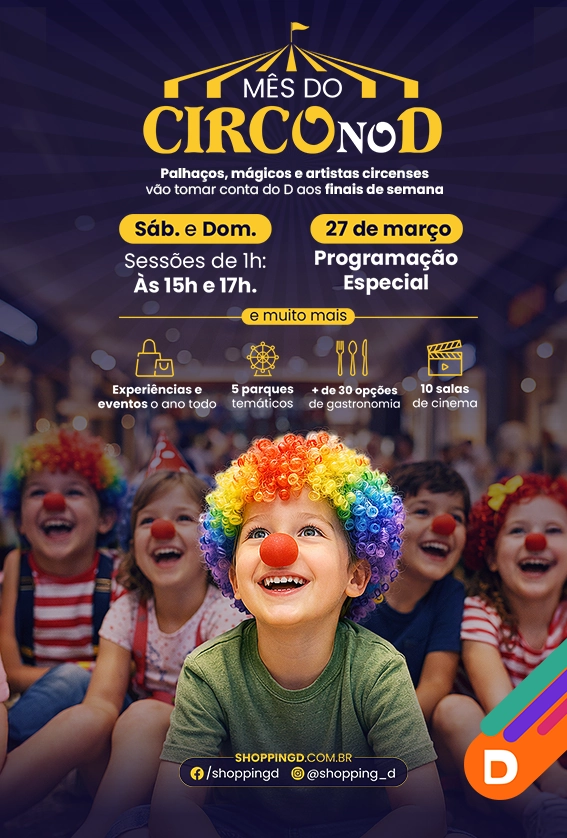 Crianças caracterizadas de palhaço em evento do Mês do Circo no Shopping D com programação especial.