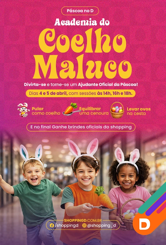 Crianças com orelhas de coelho brincando na Páscoa do Shopping D com ovos e cenoura