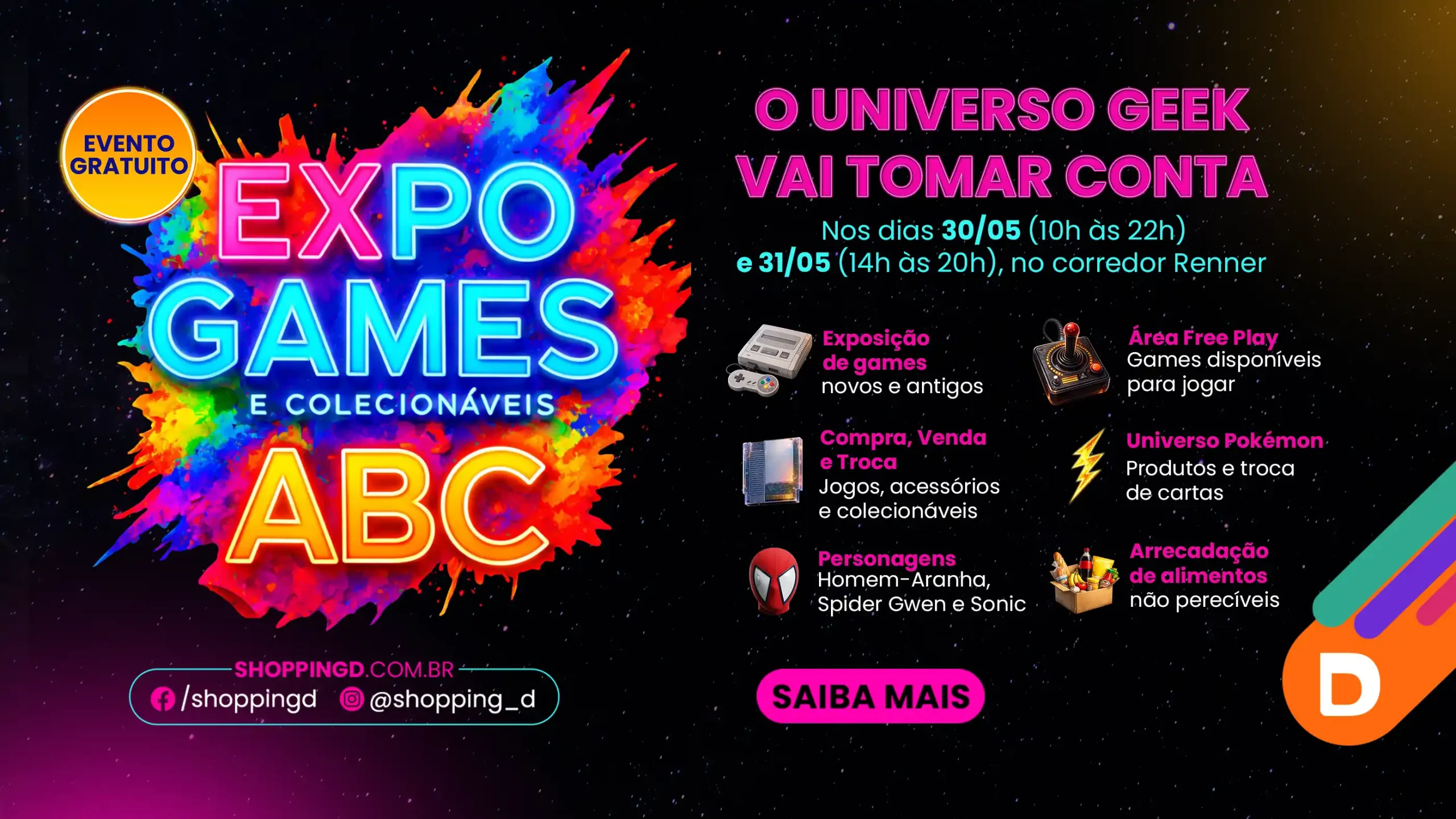 Banner colorido da Expo Games ABC no Shopping D divulgando evento geek com games, free play, Pokémon e colecionáveis. - Shopping D