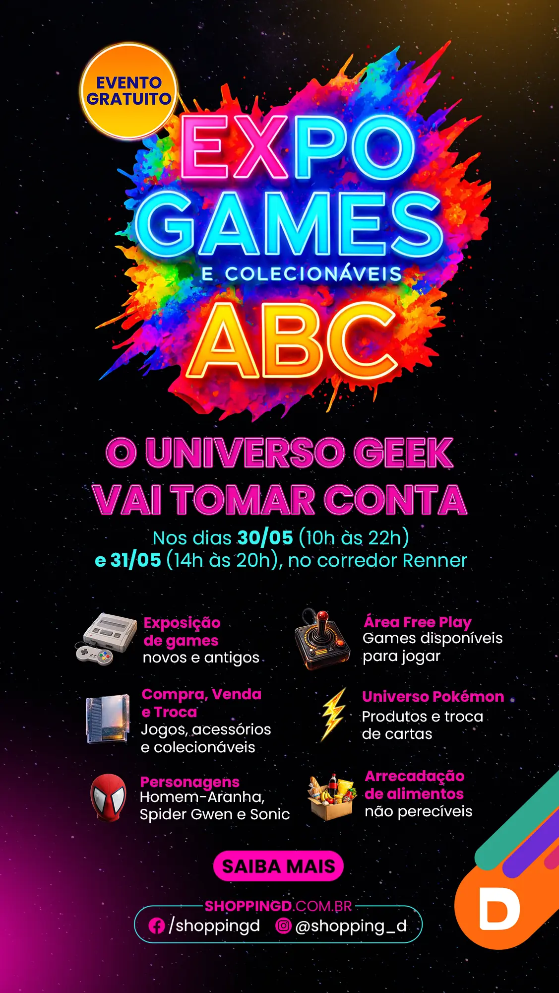 Banner colorido da Expo Games ABC no Shopping D divulgando evento geek com games, free play, Pokémon e colecionáveis. - Shopping D